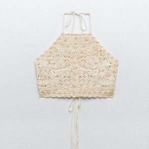 NWT Zara Rosette Crochet Halter Crop Top Cream Tie Back 5039/456 NWT Size S